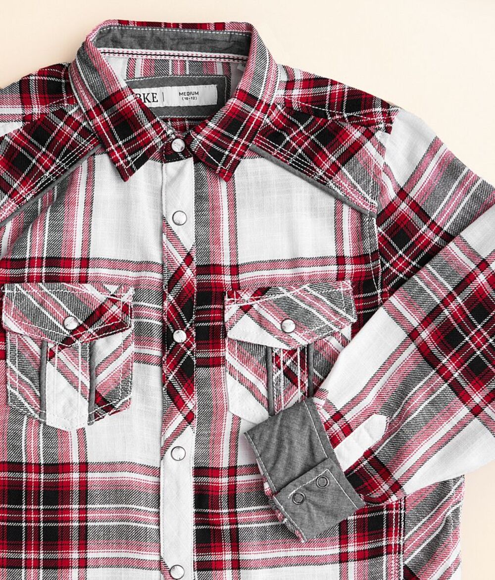 Boys BKE Button Up Western Red Black White Plaid Shirt, XL 18-20